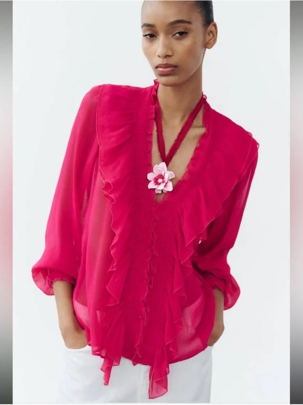 Zara Sheer Ruffled V-Neck Blouse - Fuchsia Pink